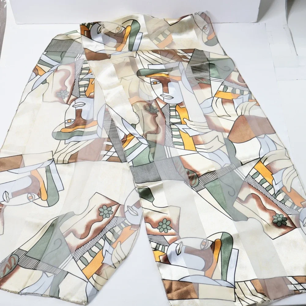 Vintage‎ Abstract Face Cubist Art Scarf Sheer Geometric Earth Tones 13x60